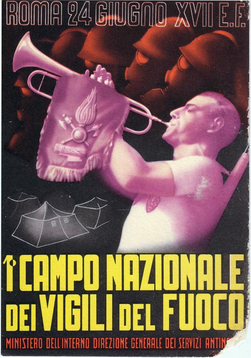 Manifesto del primo campo nazionale dei vigili del fuoco, che si è tenuto a Piazza di Siena a Roma nel 1939