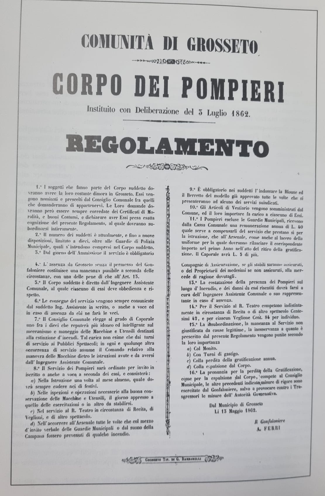 grosseto_pompieri_regolamento.jpeg Regolamento dei pompieri di Grosseto del 3 Luglio 1862