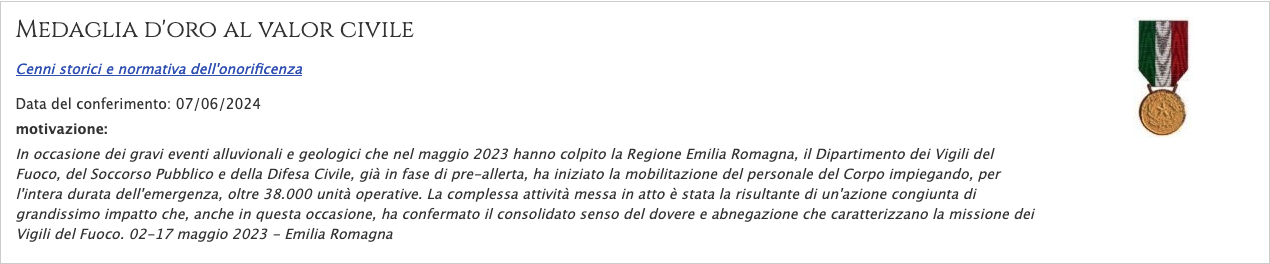 Medaglia Oro al Valor Civile.png Giuramento di 552 allievi Vigili del fuoco, presente il Ministro dell’Interno Piantedosi