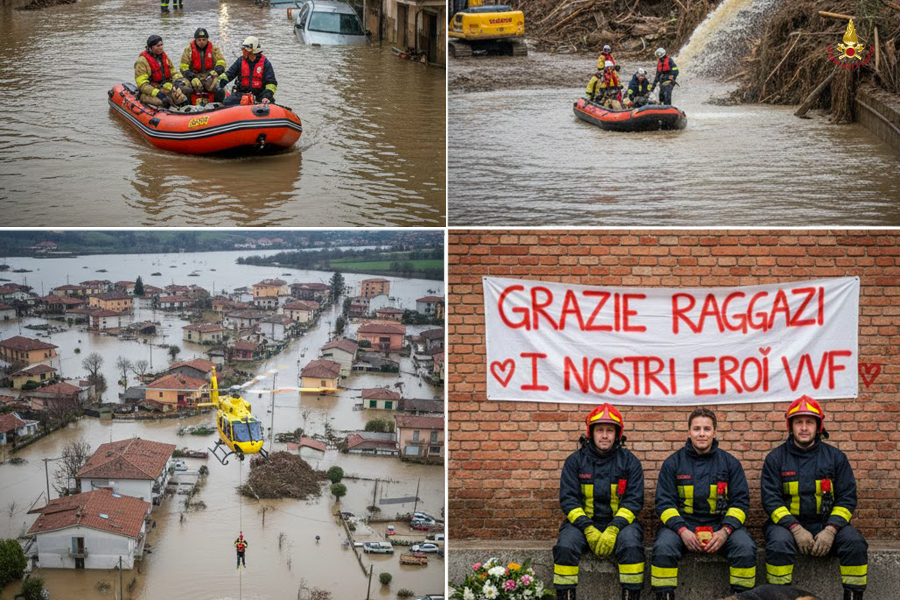 Collage di foto sugli interventi dei Vigili del fuoco in occasione dell'alluvione 2023 in Romagna