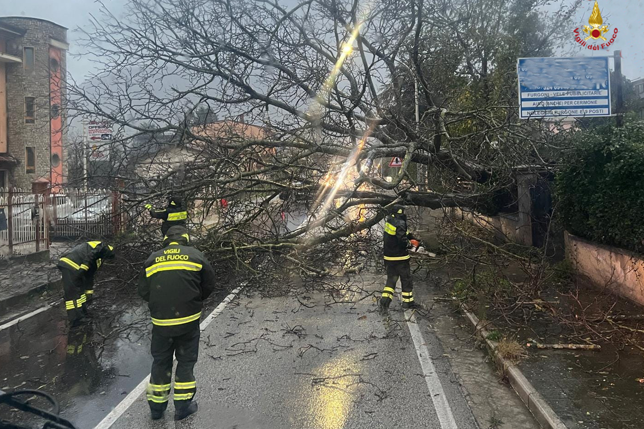 Vigili del fuoco al lavoro per la rimozione di alberi caduti in strada per il maltempo che ha colpito la provincia di Avellino nella giornata del 25 giugno 2026
