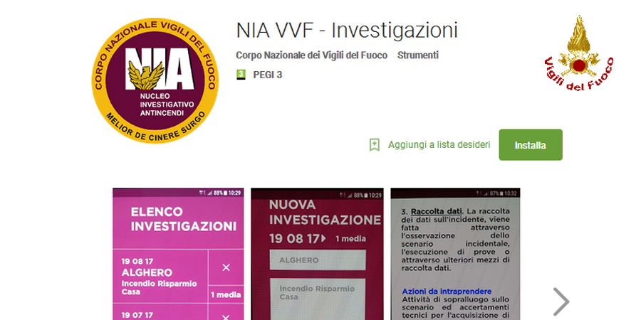 Disponibile l'App "NIA VVF - Investigazioni"