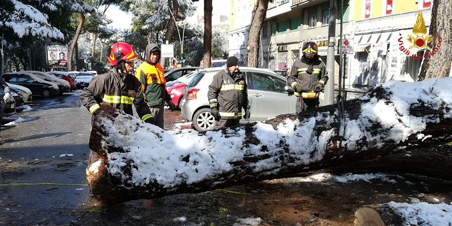 Roma, i Vigili del Fuoco impegnati contro i danni della nevicata