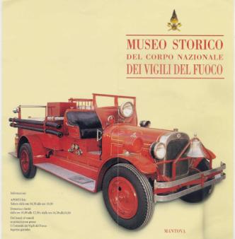Brochure del Museo VV.F. indicanti le informazioni sull'orario d'apertura e con illustrazione di un mezzo storico VV.F.