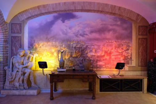 Scenografia che rappresenta l'incendio di Nerone del 64 DC