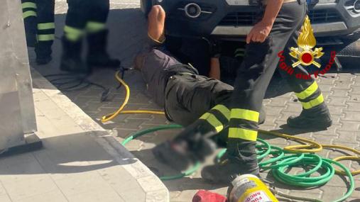 I Vigili del fuoco salvano un gattino rimasto incastrato nel vano motore di un'auto a Senigallia