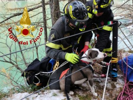 Salvataggio di un cane su sponda impervia del lago Alpe dei Cavalli ad Antrona Schieranco