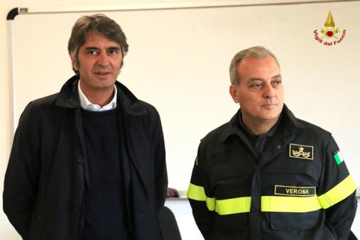 Verona, il nuovo sindaco della città, Federico Sboarina in visita al Comando dei Vigili del fuoco