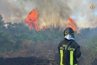 Vigili del fuoco impegnati nell'incendio si sterpaglie a Pozzuoli
